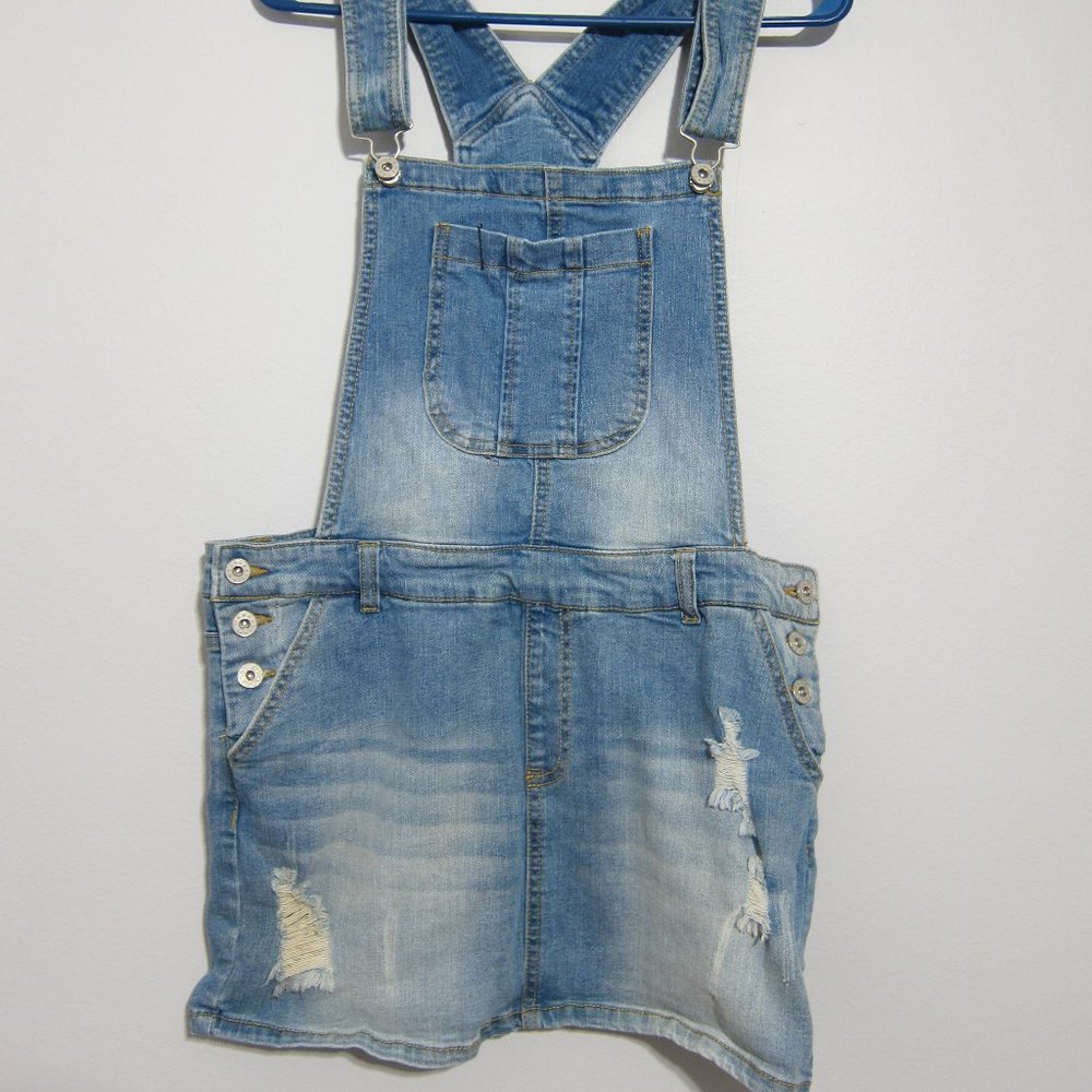 Tinseltown Denim Overall Dress Skirtall Jumper Distressed Juniors Large L Blue